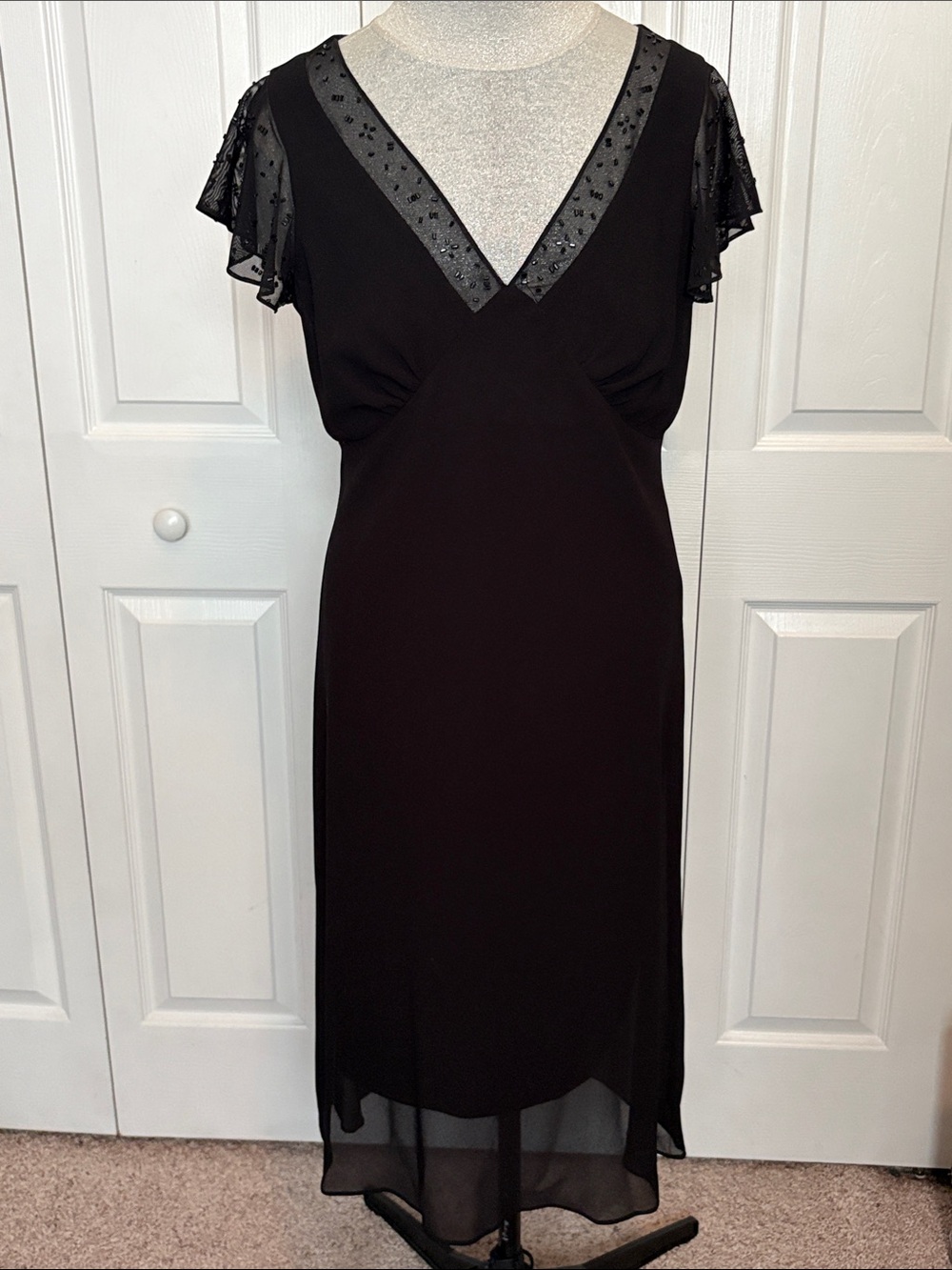 Black V-Neck Midi Dress Sheer Beaded Trim Fully Lined Formal Cruise Holiday USA